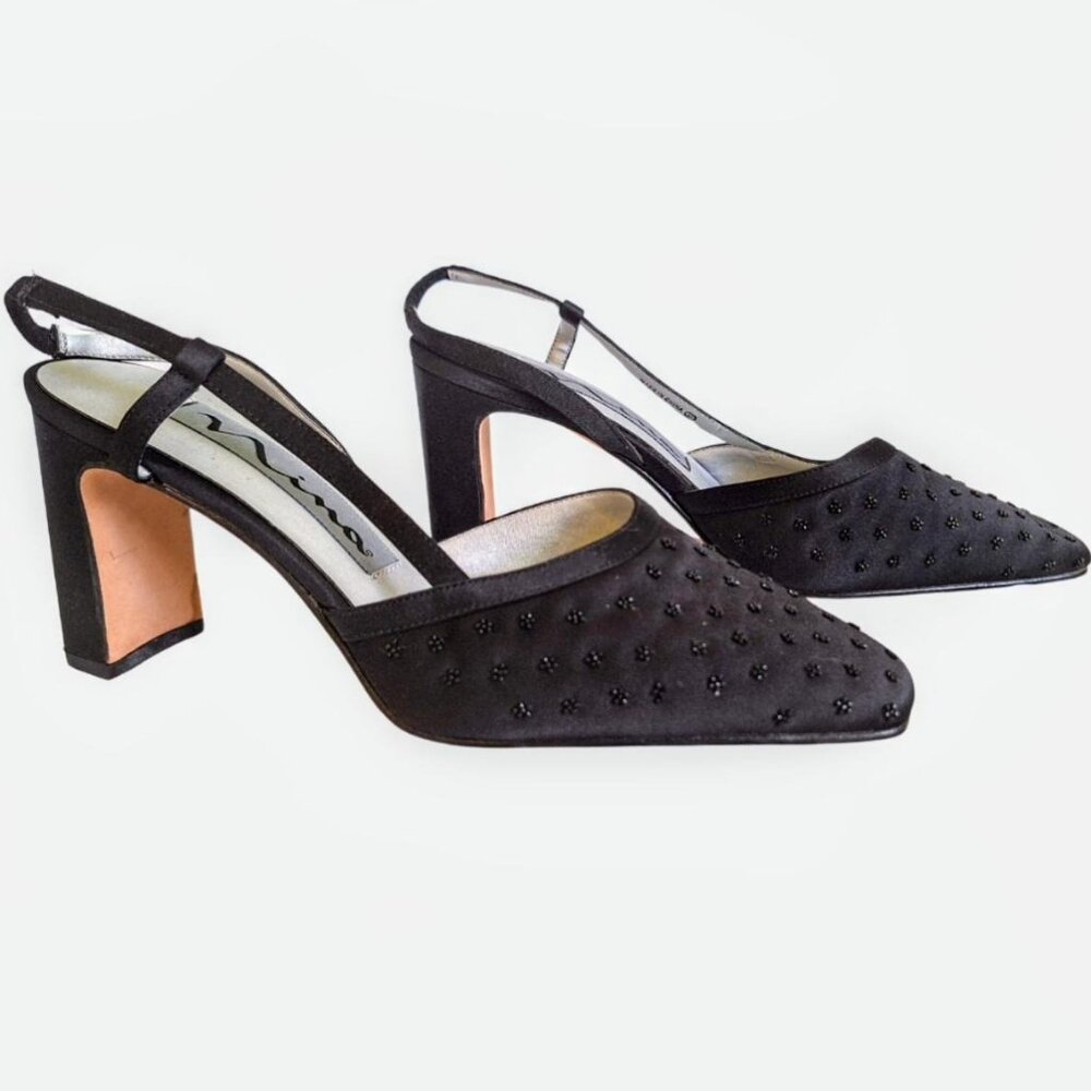 Vintage Nina Womens Heels Beaded Black Satin Slingback Block - Formal Party Hoco